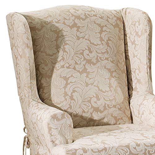 Sure Fit Scroll Damask Box Cushion Wing Chair One Piece Slipcover, Relaxed Fit, Cotton/Polyester, Machine Washable, Champagne Color #TOP3