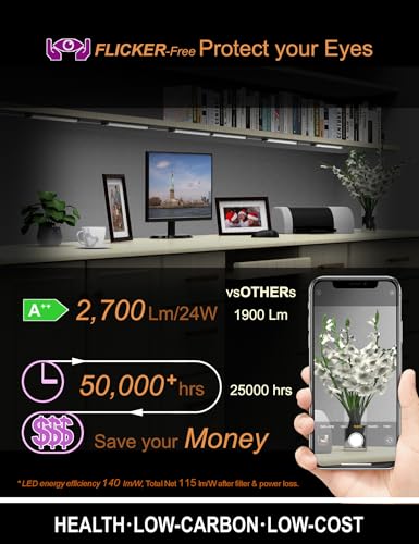 Image of LED Under Counter Lights for Kitchen Touch Under Cabinet Lighting Built-in Adjustable Cable No Messy Wires! 6 Pcs Cabinet Light 3000K 2700Lm 5 External-Cable for Garage Pantry Closet Timer Smart Plug