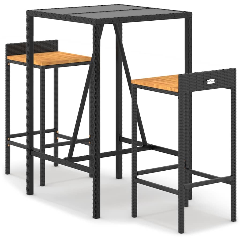 Tavolo da bar e sgabelli da giardino, 3 pezzi, in legno di acacia, rattan PE, nero | Vetro temperato, struttura in acciaio, poggiapiedi integrato, resistente alle intemperie, facile da pulire