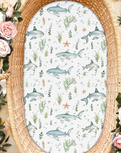 Image of Bedside Bassinet Sheets 2 Pack, 33 x 20 Fitted Bedside Sleeper Sheets, Ultra Soft Breathable Polyester, Ideal for Baby Girl or Boy and Newborns (Turtle & Shark, Bedside Sleeper Sheet)