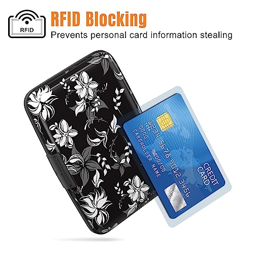 Image of Rimilak Aluminuml Credit Card Holder, Mini Credit Card Wallet RFID Blocking Slim Metal Hard Case for Women Men, White Flower