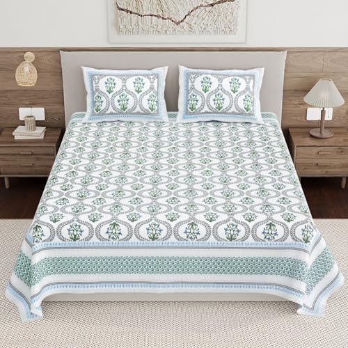 Image of Living Roots Ethnic Jaipur Block Print Double Cotton Bedsheet & 2 Pillow Covers, for Mattress Upto 6 inches Thick, No Colour Bleeding, Blue Colour, King Size 90 * 108 inches, 120TC (604-A)
