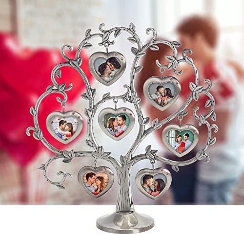 LASODY Antique Silver Family Tree With 7 Hanging Picture Frames Metal Tabletop Photo Frame Home Decoration Ornaments