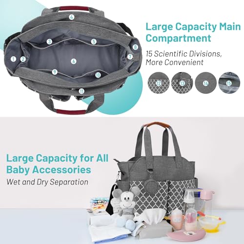 comeder Nappy Changing Bags, Multifunctional Nappy Tote Bag for Mom and Dad, Large Capacity Waterproof Baby Changing Bags with Pacifier Bag for Diaper All Baby Accessories (Grey) - Image 3