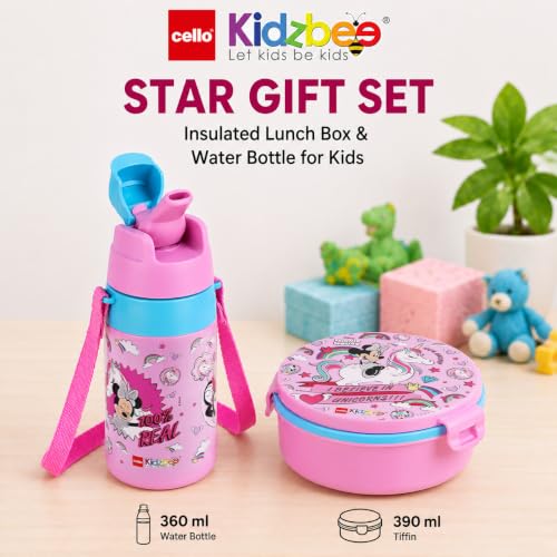 Image of CELLO Kidzbee Star Gift Set Combo for School Kids, Light Pink | 3D Touch & Feel Minnie Design Airtight Clip Lock Insulated Lunch Box 390ml with Leak Proof Flip Top Sipper Water Bottle for Kids Boys