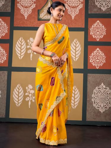 Image of SIRIL Women's Chiffon Bandhani Printed Saree, Sequence Embroidery Border