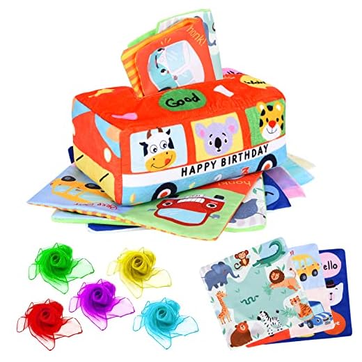 bufandas para bebes FORMIZON Juguetes Caja de Pañuelos para Bebés, Juguetes Sensoriales Montessori de Peluche Suave para Niños Pañuelos de 6 a 24 Meses, Juguetes Arrugados con Bufandas de Arcoíris para Bebé (Naranja)