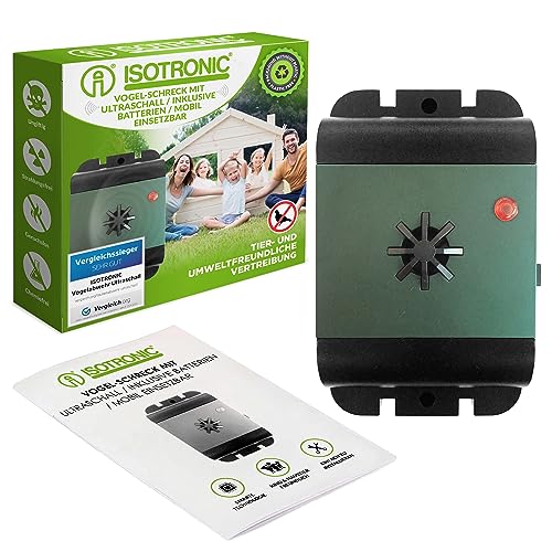 ISOTRONIC Ahuyentador ultrasónico de pájaros, Palomas, gorriones, gaviotas, Cuervos | Anti Palomas con ultrasonidos | Repelente acústico de Aves | Espantapájaros | para Balcones, fachadas, terrazas