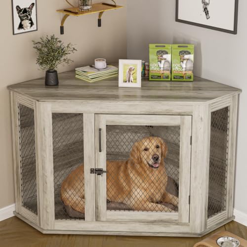 PUKAMI 52 inch Corner Dog Crate Furniture Wooden Dog Kennel Furniture with Mesh Decorative Wood Dog House for Small/Medium/Large Dog Perfect for Indoor Limited Room