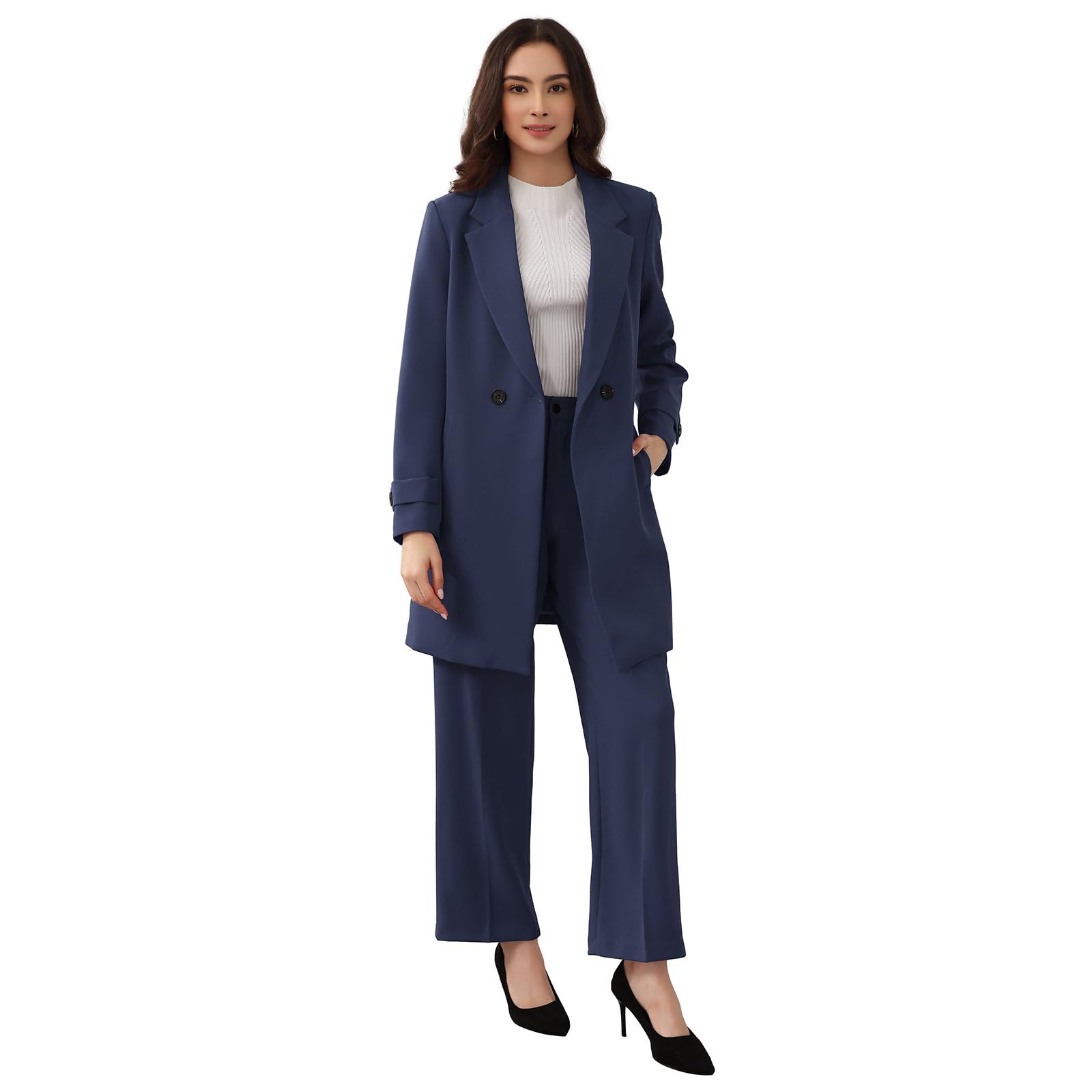 Lamgool Womens Suit 2 Piece Long Blazer Set Ladies Jacket Pantsuit Casual Outfits for Fall