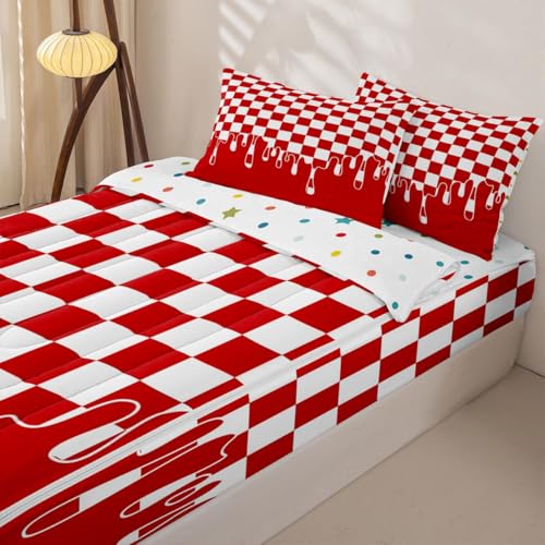 Image of Red and White Checkered Durable Zipper Bedding Set Full,Checkerboard Drip 4 Piece Kids Comforter with Fitted Sheet & Pillowcases,Cool Aesthetic Funky Modern Geometric for Active Families Pet Friendly