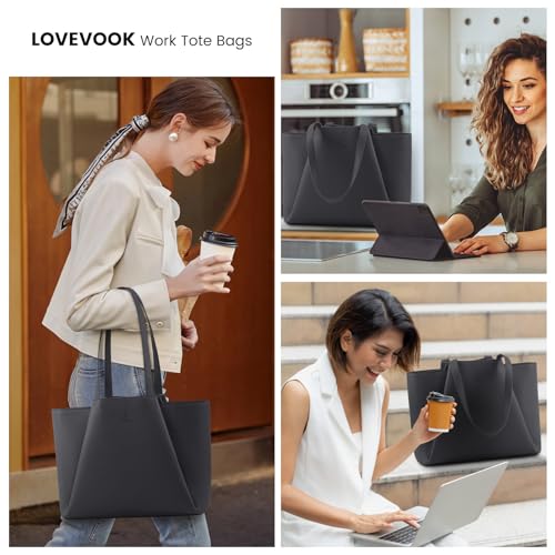 Image of LOVEVOOK Laptop Tote for Women - 15.6 Inch Faux Leather Laptop Bag with Clutch, Large Capacity Office Purse Computer