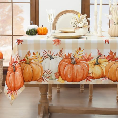 Softalker Autumn Table Cloth Wipe Clean Orange Pumpkin Gingham Tablecloth Water Resistant...