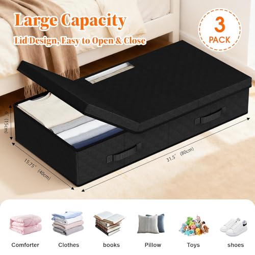 Image of StoreHappily Under Bed Storage Containers with Lids - 3 Pack, Foldable and Stackable Clothes Storage Bags with Clear Window, 3-Sided Handles and Label Slot for Clothing, Blankets, Pillows (Black)