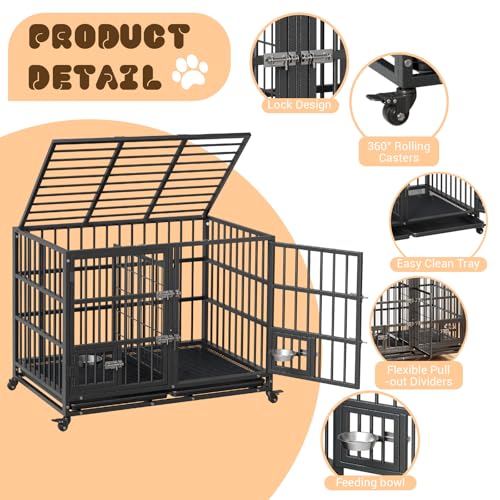 42 Inch Heavy Duty Dog Crate with Divider, 2 Feeding Door and Bowls, Dog Crate Indoor with Wheels, for 2 Small Dogs/1 Large Dog by CuisinSmart - Image 2