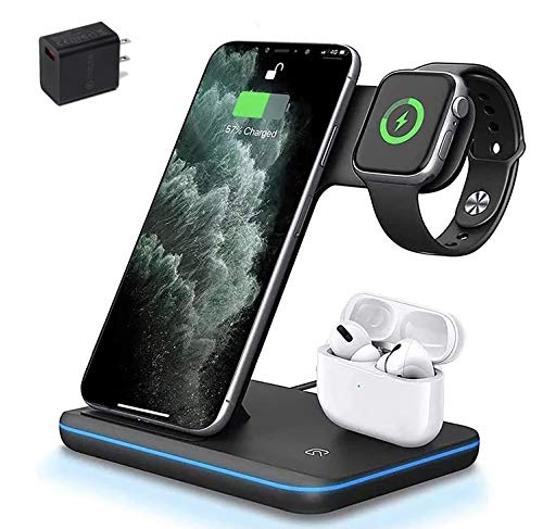 3 in 1 All Wireless 15w Fast Charging Station for Apple iPhones + Watch (S1 - S6/SE: Built-in Watch Charging pad) + AirPods (2 & Pro) - Fast QC 3.0 Adapter Included (Black)