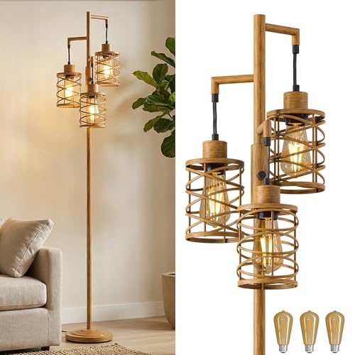 Image of Oneach 70 inch Industrial Floor Lamp, Stepless Dimmable Standing Lamp with 3 Bulbs, Farmhouse Corner Standing Tree Lamp for Living Room, Tall Lamps for Bedroom, Office, Study Room, Dining Room, Wood Grain