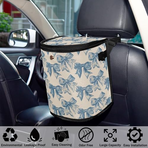 Image of Car Trash Can Blue Bow Car Garbage Bag with Lid Hanging Waterproof Leak Proof Vehicle Storage Bin