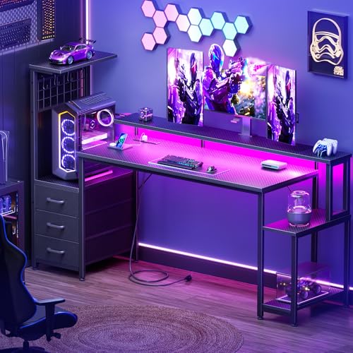 Image of Korfile 63 Inch Gaming Desk with Bluetooth LED Lights & Power Outlets,Computer Desk with Fabric Drawers & Hooks,Reversible Gamer Table with Monitor Stand for Game Room,Home Office,Carbon Fiber Black