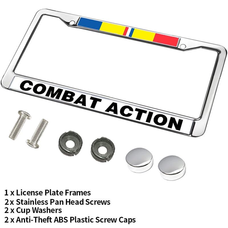 Image of Combat Action License Plate Frame Metal Veteran Car Tag Holder 2 Holes | Combat Action Ribbon License Plate Frame Metal Car Tag Holder Weatherproof Fit Standard US Auto Trucks Accessories