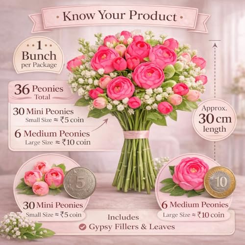Image of Divyakosh Artificial Peony Flower Bunch for Vase | Real Touch Faux Flowers with Gypsophila & Green Leaves | Decorative Fake Flowers for Home Living Room Bedroom Office Table Decor (VASE NOT Included)