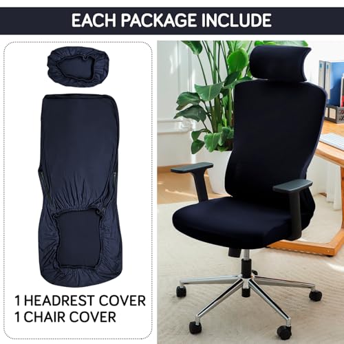 Image of HOKIPO 'SereneSolids' 140 GSM Office Chair Cover with Headrest (High-Back) - 140 GSM Stretch Fabric - Washable, Anti-Slip Fit for Ergonomic Mesh Office Chairs, Navy Blue (AR-5369-NBLU)