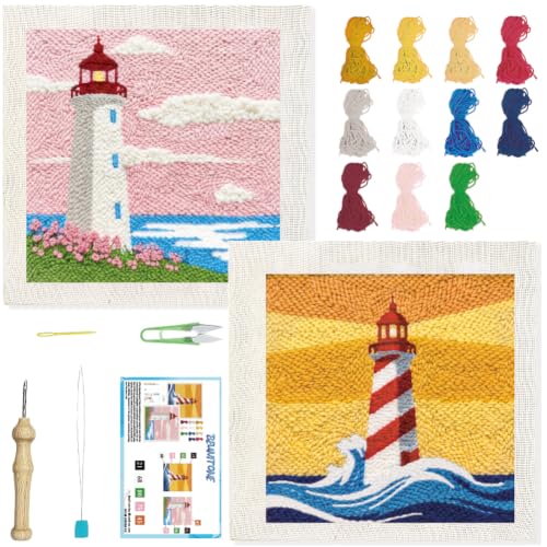 Image of BEUNITONE 2Set Punch Needle Kit with Frame for Adults Beginners, Lighthouse Needlepoint Crafts Kit for Adults, Complete Embroidery Starter Kits with Pre-Print Pattern for Gift Home Decor 9.4 inchx9.4 inch