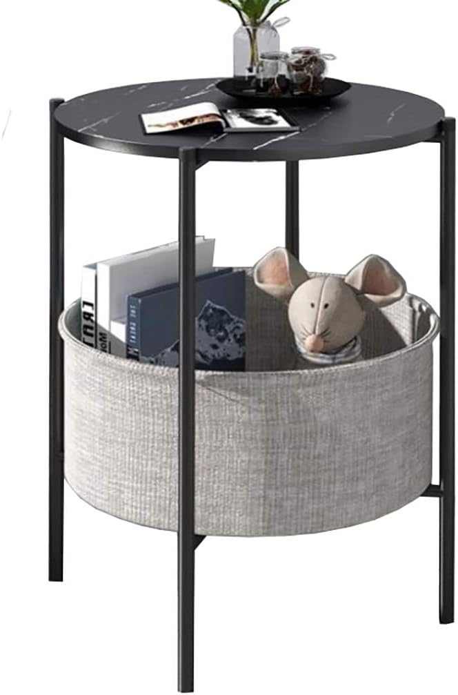 Side Table/End Table,Round Storage Nightstand,Sofa Side Snack Table,Bedside End Table with Fabric Storage Basket