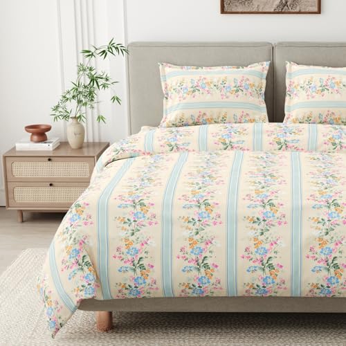 Image of Haus & Kinder Bedsheets for King Size Bed |100% Combed Cotton 186 TC Fitted Bedsheet King Size | 72 X 78 X 10 Inches Elastic Bed Sheet with 2 Pillow Covers - Serenade of Flowers