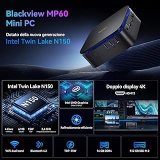 Blackview MP60 Mini PC W-11 Pro (3 anni di garanzia), Twin Lake N150(Meglio di N95, 3,6 GHz), 16 GB RAM/512 GB M.2 SSD Espandibile fino a 2TB, Doppio UHD Display 4K, 5G WIFI Desktop PC Computer