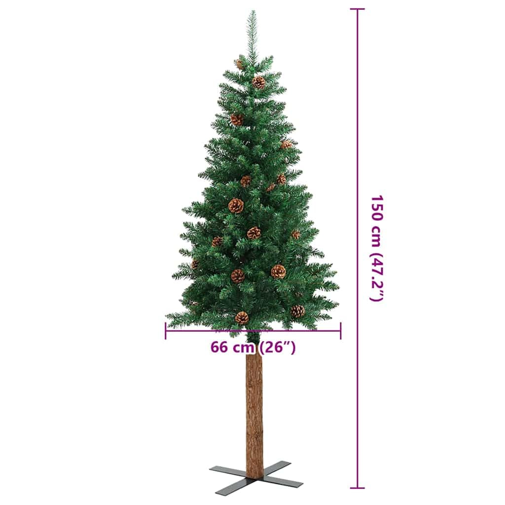 Árbol de Navidad artificial de 150 cm con piñas de PVC, madera de pino maciza y acero con recubrimiento en polvo, para interior y exterior protegido