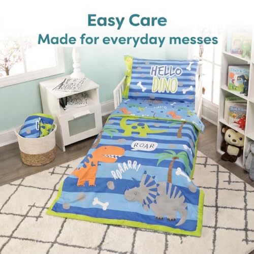 Image of EVERYDAY KIDS 4 Piece Toddler Bedding Set - Roaring Dinosaurs - Includes Comforter, Flat Sheet, Fitted Sheet and Reversible Pillowcase - Boys Toddler Bedding