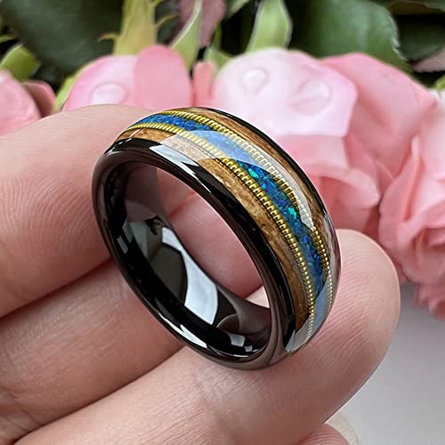 TUTISS 8mm Tungsten Engagement Wedding Bands for Men Women with Whisky Barrel Wood and Blue Opal Inlay