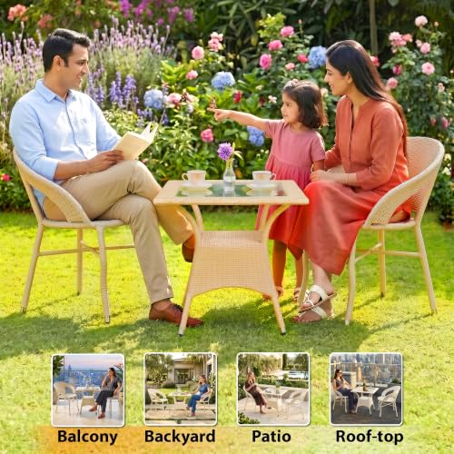 Image of BRISHI 3-Piece Outdoor Rattan Wicker Patio Square Coffee Table Set | Garden Furniture for Balcony, Terrace, Poolside & Porch | Waterproof Bistro Sets for Home & Backyard (Cream)