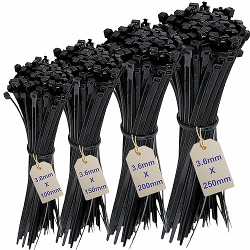 200Pcs Cable Ties Assortment -Mix Black Zip Ties Set with 4 Sizes (100/150/200/250mm) x 3.6mm Heavy Duty Nylon Cable Ties for Wire Management Black Cables Ties Heavy Duty Zip Ties