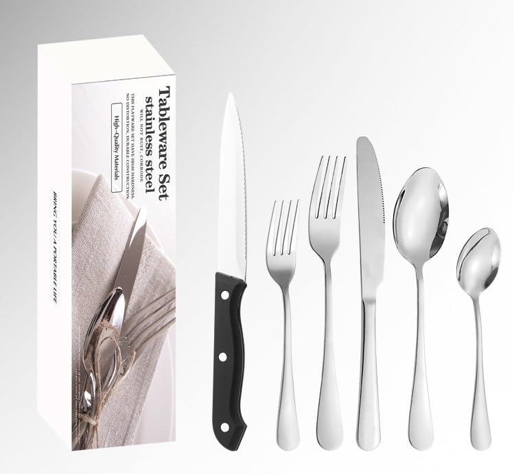 Silverware Flatware Set, 24-piece Stainless Steel Cutlery Set, Steak Knife, Fork And Spoon, Dessert Spoon And Fork Set (Color : Silver)