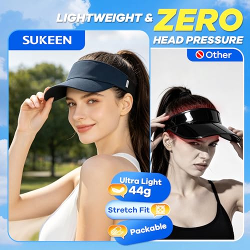 Sukeen Sports Sun Visor Women Men, Lightweight UPF50+ Water Resistant Stretchy Athletic Visor Hat for Running, Tennis, Golf Navy Blue — view 3