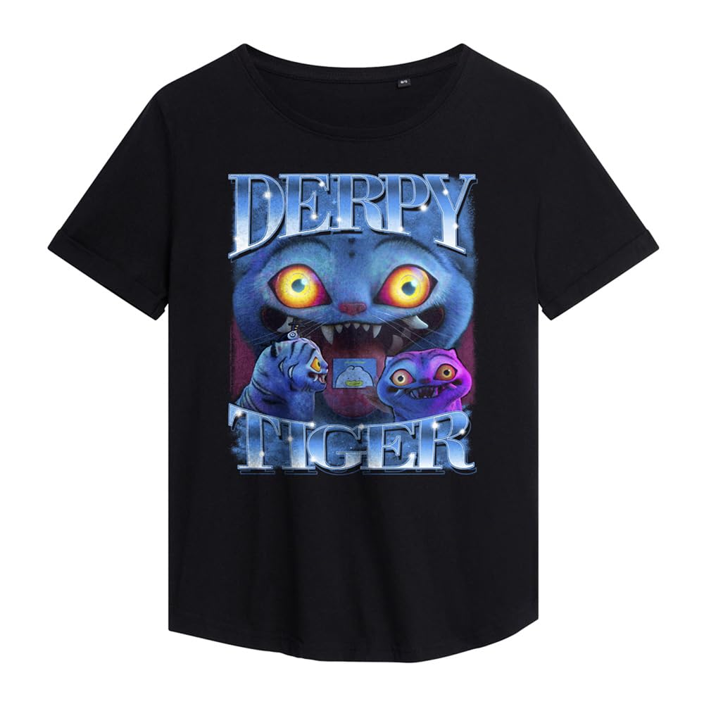 Kpop Demon Hunters Women's Black K-Pop Demon Hunters Derpy Tiger Bootleg Fashion T-Shirt, L Uk