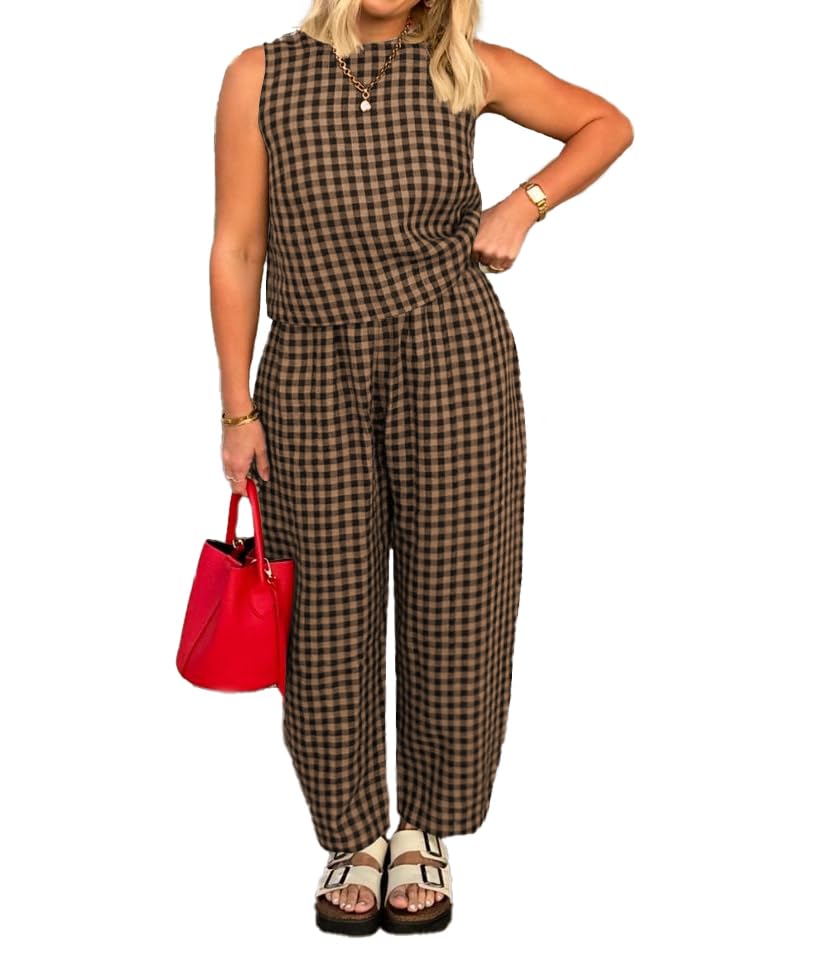 Women's Summer 2 Piece Outfits Plaid Crop Tank Top High Waisted Baggy Ankle Barrel Pants Gingham Lounge Set