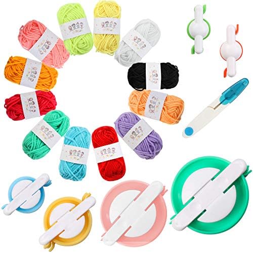 19 Pcs Pompom Makers Set, Including 12 Skeins Acrylic Yarn, 6 Sizes Pom-pom Maker Fluff Ball Waver, 1 Pair of Scissors, Tool Kit for Pom-pom Making