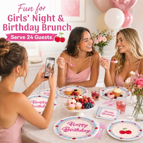 Image of 96pcs Cherry Happy Birthday Party Decoration Pink Cherry Cake Paper Plates and Napkin Blue Cream Border with Rainbow Sprinkles Tableware Set Pink Icing Party Supplies for Girl Women Birthday Serves 24
