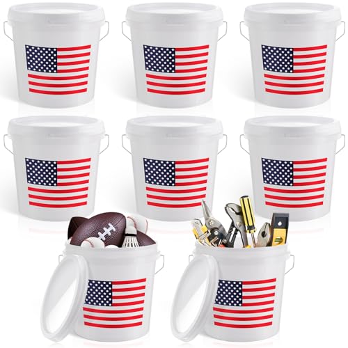 Image of Threehoney 6 Pcs 2 Gallon Plastic Bucket with Lid and Handle, Large White Heavy Duty Bucket with American Flag for Home Gardening Tools Household Cleaning Baseballs Storage Container