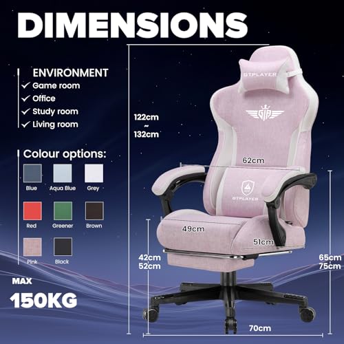 Image of GTPLAYER Gaming Chair, Computer Office Chair Lumbar Support, Linkage Armrests and Footrest, Ergonomic Game Chair for Adults with Extended Backrest, Linen Fabric, Pink