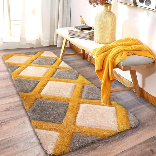 Image of 2x6 feet Soft Runner Rug for Living Room and Bedroom, Modern Indoor Floor Carpet with Non-Slip Backing, Comfortable Decorative Home Decor Rug, Easy Clean & Durable- (Yellow line, Rectangular)