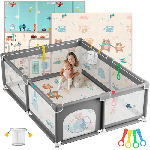 JUPPLIES Parque Infantil Bebé 150x180cm con Alfombra Acolchada + Agarraderas + Canasta - Corralito Bebe con Dibujos y Malla Transpirable (Gris)