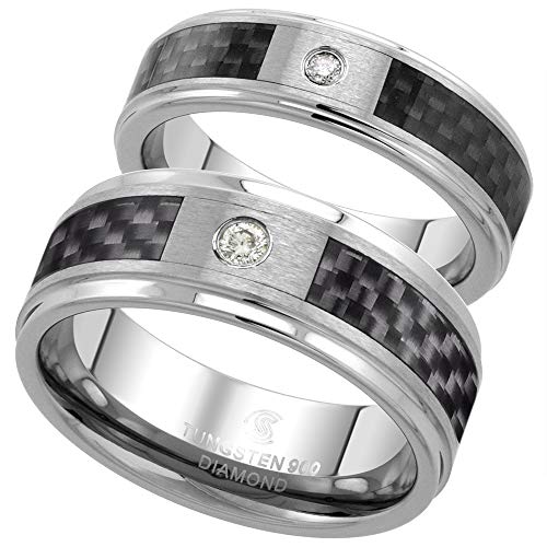 Sabrina Silver 2-Ring Set His & Hers 6mm & 8mm Tungsten Diamond Wedding Ring Black Carbon Fiber Inlay Beveled Edges Comfort fit Size 9
