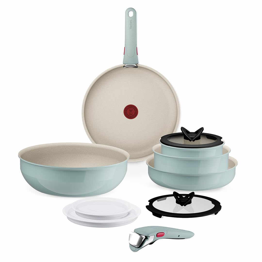 Tefal Ingenio Green 11-Piece Non-Stick Cookware Set – Induction Frying Pans, Wok, Saucepans with Glass Lids, Detachable Handles, Oven Safe, Stackable, L828SB04