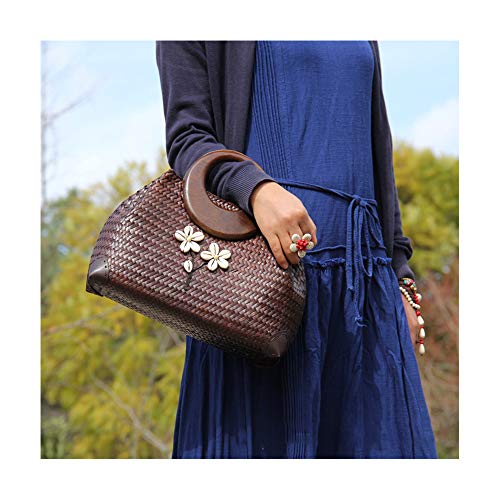 Bolso tejido a mano de paja estilo bohemio con asa de madera para mujer, bolso tote de ratán para verano, playa y viaje con flor blanca (color café) miniatura 2
