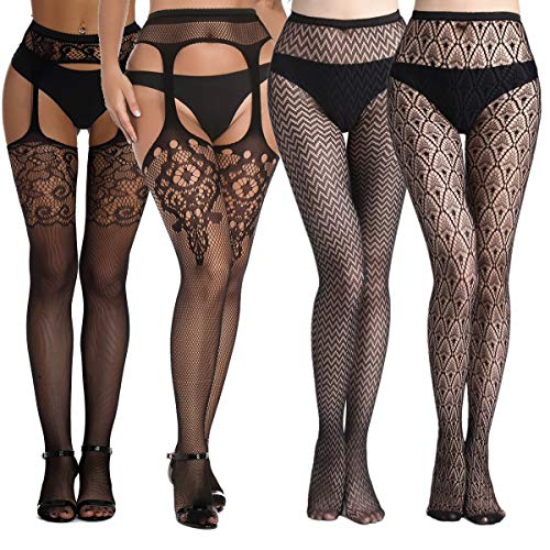 MengPa Fishnet Tights Thigh High Suspender Stockings Pantyhose for Women Black 4Pcs Black 43-(32-37)-49-(50-59)