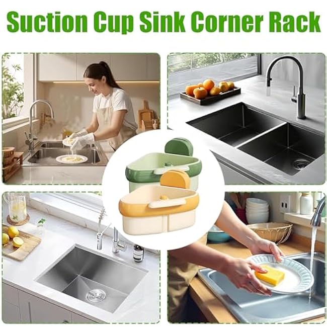 Suction Cup Sink Corner Rack, Press Automatic Dumping Sink Strainer Basket, Space-Saving Kitchen and Bathroom Organizer for Kitchen Bathroom Dishware (Yellow + Green,2Pcs)